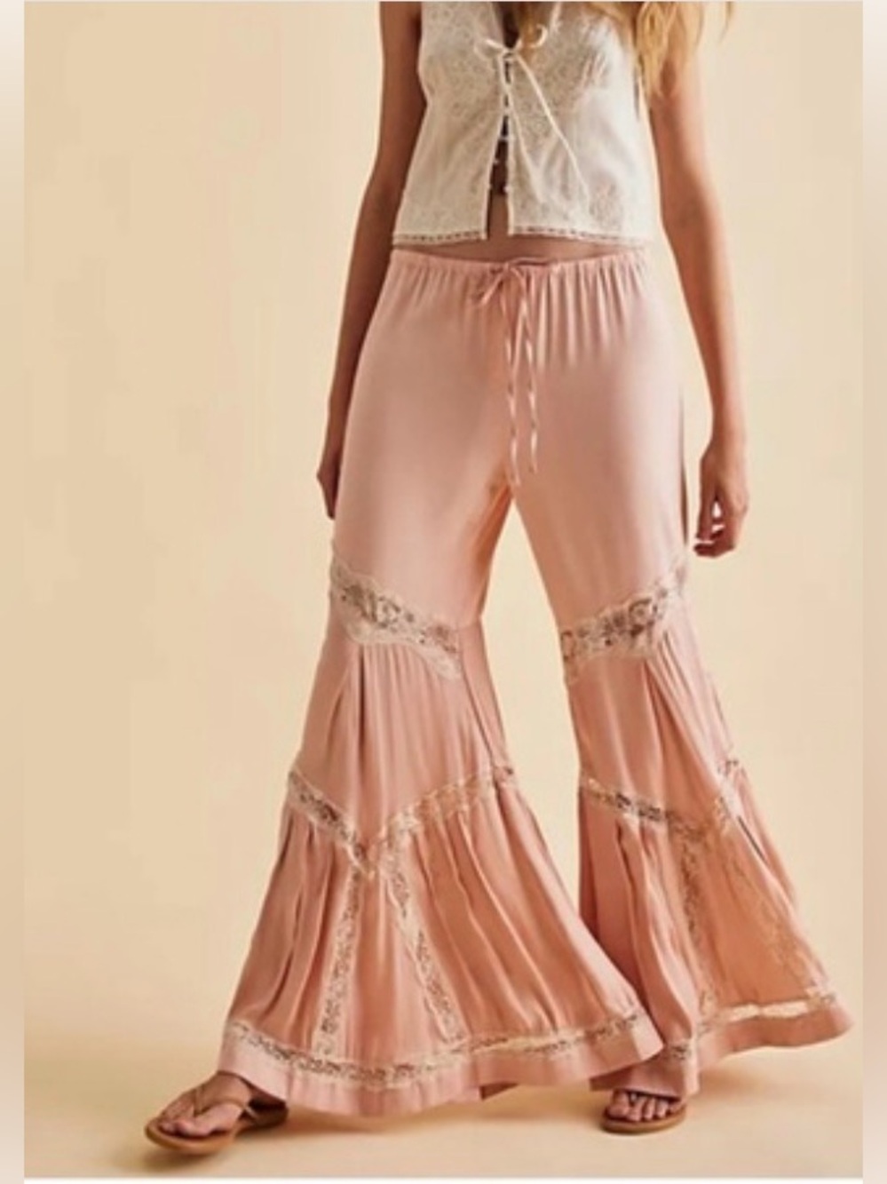 Free People Pink stain feel with Lace Trimmed Wide-Leg bell bottoms